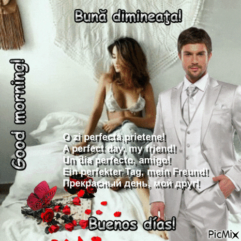a man in a suit stands next to a woman laying on a bed