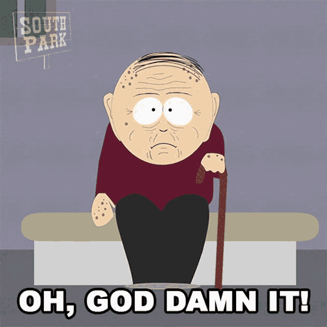 a cartoon character from south park sitting on a bench with a cane