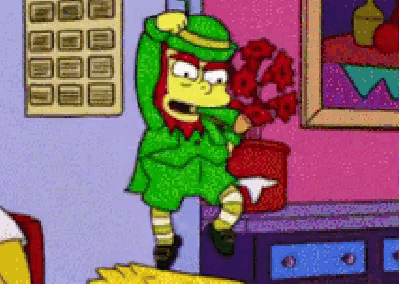 a cartoon character in a green hat is holding a vase of flowers .