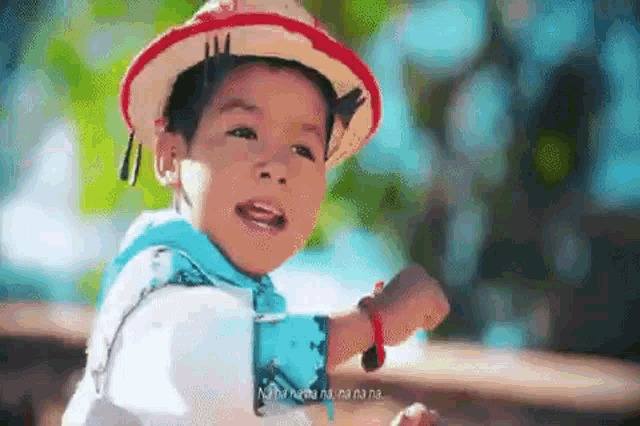 a young boy wearing a straw hat and a blue shirt is standing in front of a table .