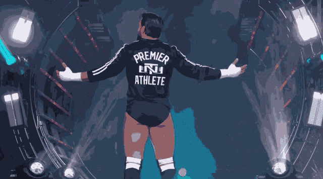 a cartoon of a wrestler with the name premier athlete on his back