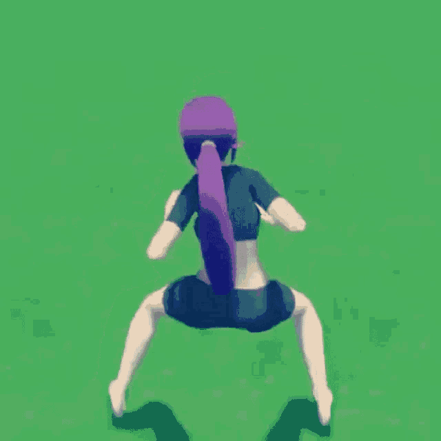 a cartoon girl with purple hair and a ponytail is dancing on a green field