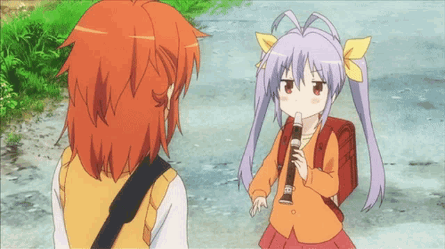 a girl with purple hair is holding a flute in her mouth
