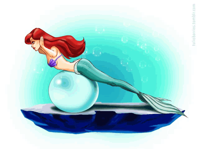 a cartoon of a mermaid sitting on a pearl with the website tullosbaker.com visible in the corner