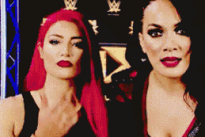two women are standing next to each other in front of a wrestling logo