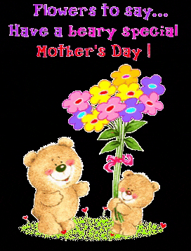 a mother 's day card with two teddy bears holding a bouquet of flowers