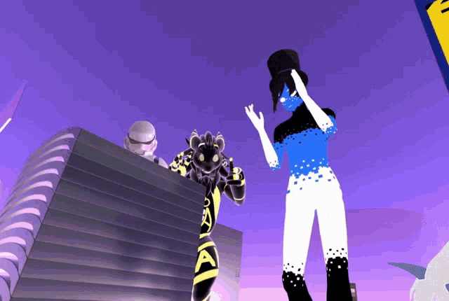 a cartoon character with a top hat and a blue body
