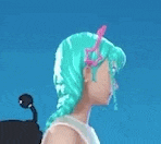 a woman with green hair and pink cat ears is standing next to a cat .