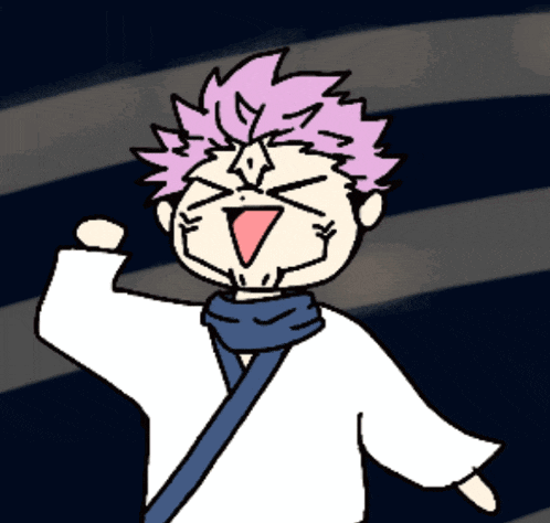 a cartoon of a man with purple hair and a blue scarf