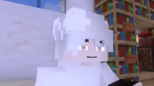 a close up of a minecraft character standing in front of a bookshelf .