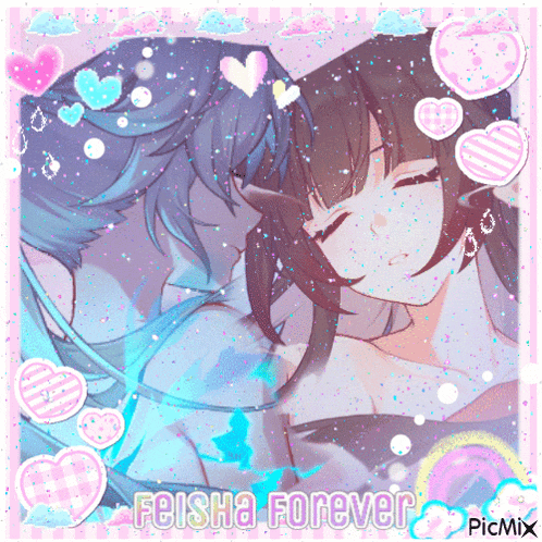 a picture of two anime girls with the words feisha forever on it