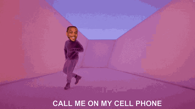 a man is dancing in a room with the words call me on my cell phone