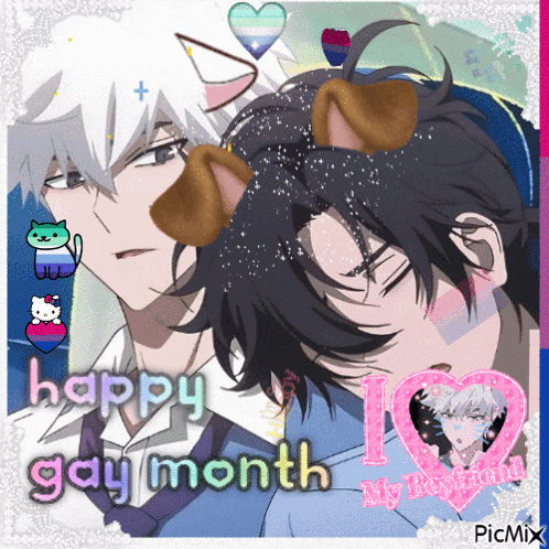 a picture of two anime characters with the words happy gay month