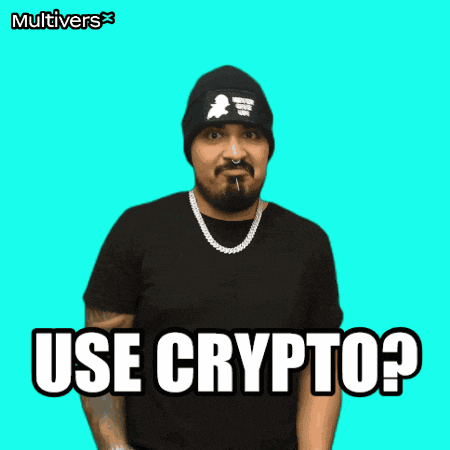 a man with a beard wearing a black shirt and a beanie says use crypto