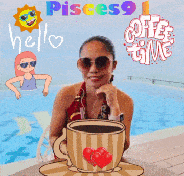 a woman is sitting at a table with a cup of coffee in front of a swimming pool and a sign that says pisces9