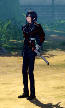 a man in a blue uniform is holding a white sword