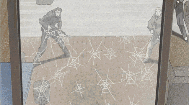 a drawing of two men with spider webs on their feet