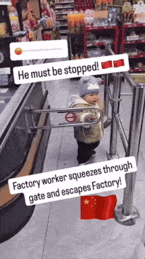 a baby standing in front of a gate that says factory worker squeezes through gate and escapes factory on it