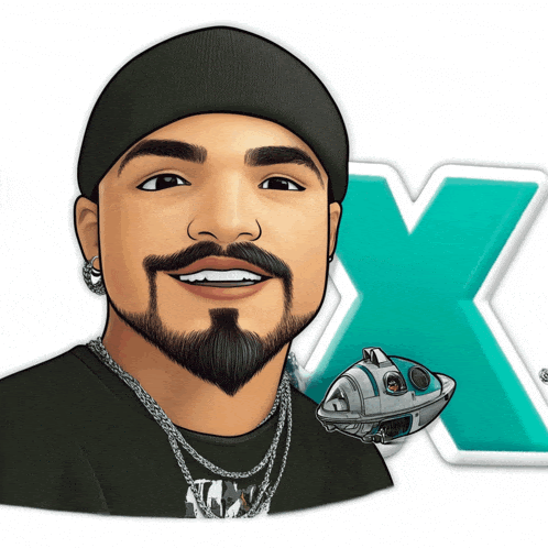 a cartoon drawing of a man with a beard and a spaceship in front of an x logo