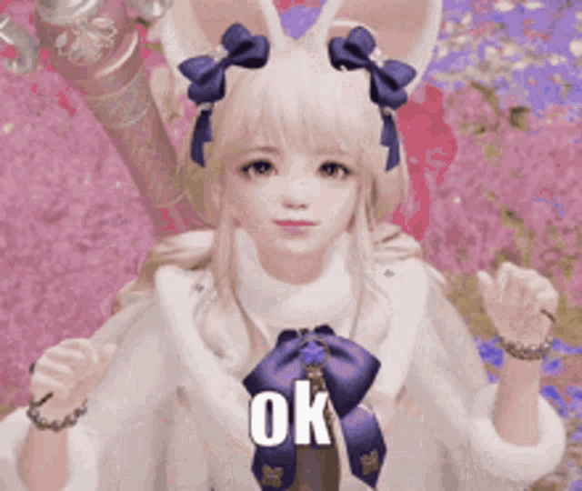 a girl with blonde hair and bunny ears is wearing a white coat and a purple bow and says ok