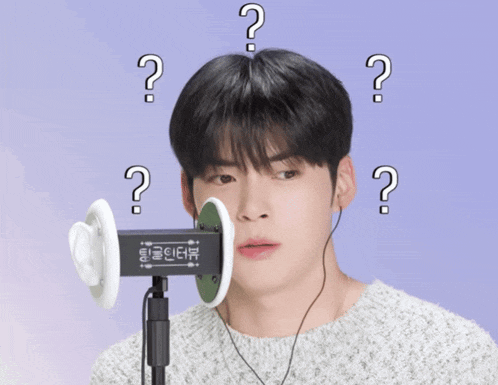 a man wearing a microphone with a question mark around his head