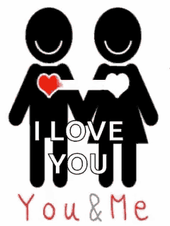 a couple of stick figures holding hands with the words i love you and me written below them