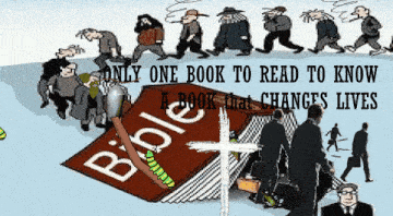 a cartoon of people walking around a bible with the words only one book to read to know a book that changes lives below it