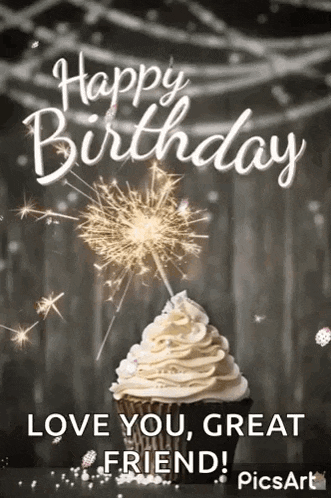 a birthday card with a cupcake and a sparkler .