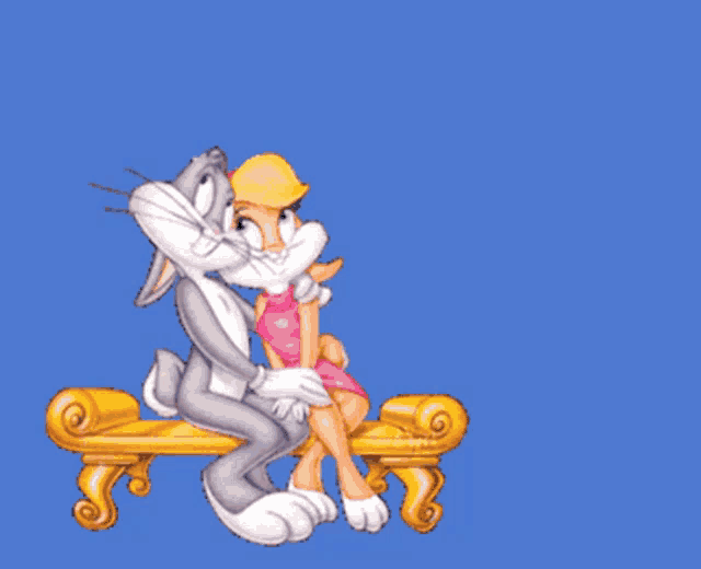 bugs bunny and lola bunny kissing on a bench with the words " love you babe "