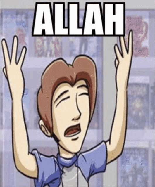 a cartoon of a man with his arms in the air and the word allah above him .