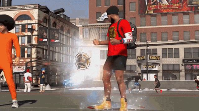 a man in a red shirt is standing in front of a building that says swag 's on it