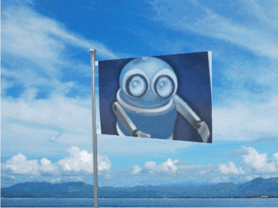 a flag with a picture of a blue robot on it