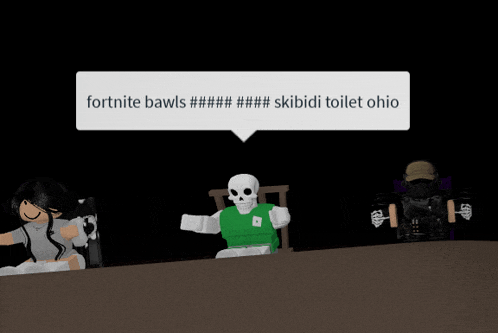 a cartoon character sitting at a table with a speech bubble that says fortnite bawls