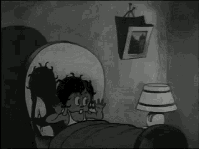 a black and white cartoon of a bed with a lamp and a picture on the wall above it .