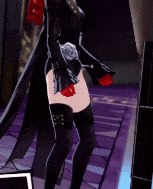 a woman with red hair is wearing a black bodysuit and thigh high socks