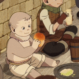 a cartoon character is sitting on the ground eating bread