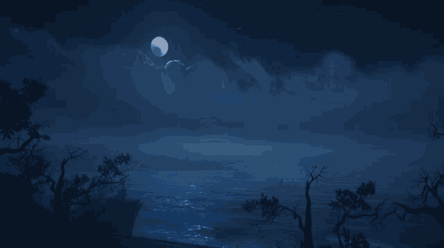 a full moon rises over the ocean with trees in the foreground
