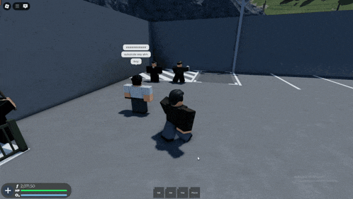a screenshot of a video game shows a man with a bat talking to two other men