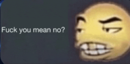 a screenshot of a smiley face with the words `` fuck you mean no '' written on it .