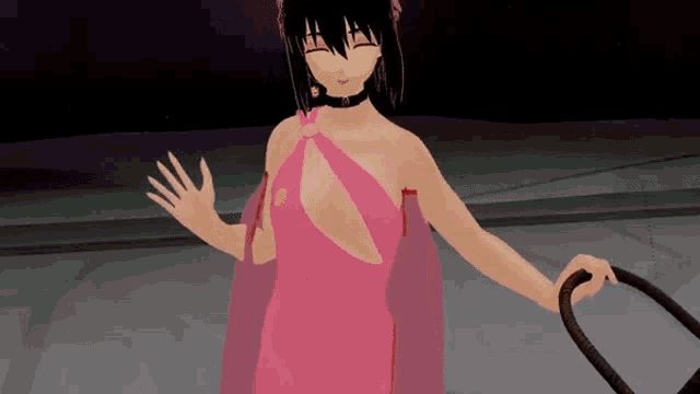 a woman in a pink dress is holding a stroller and waving .