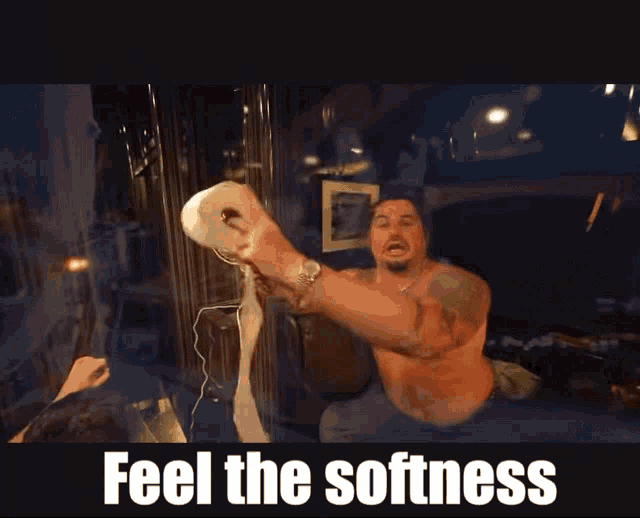 a shirtless man is holding a roll of toilet paper with the words " feel the softness " below him