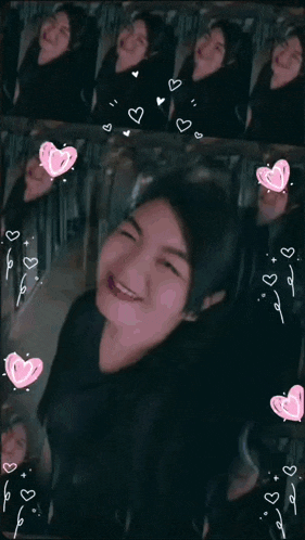 a collage of a woman with hearts around her