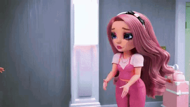 a doll with long pink hair is standing in front of a mirror .