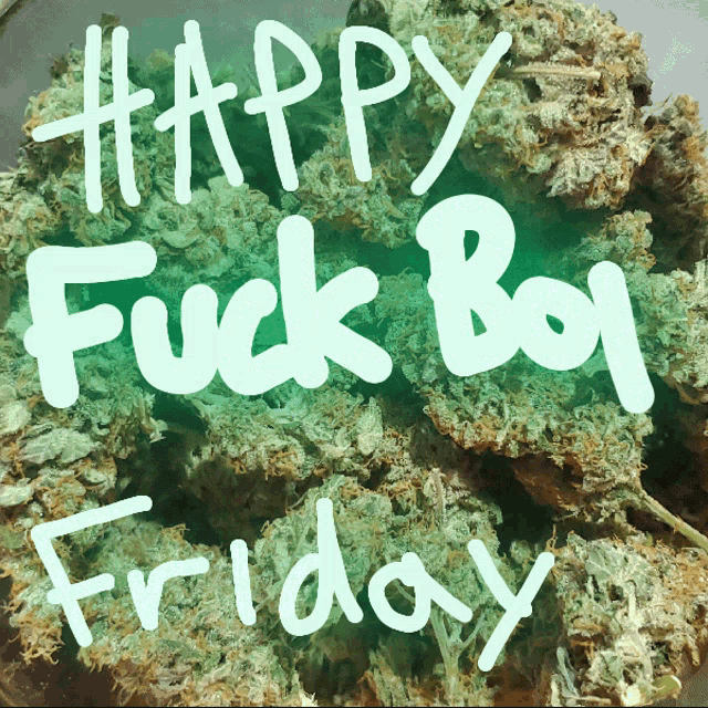 a bunch of marijuana with the words happy fuck boy friday on it