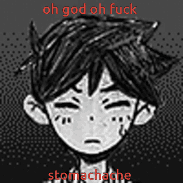 a black and white drawing of a boy with the words oh god oh fuck stomachache below him