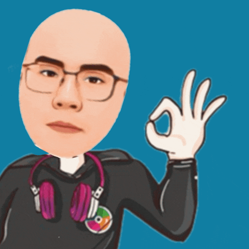 a cartoon of a bald man wearing headphones and giving an ok sign
