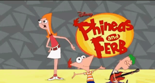 a poster for phineas and ferb shows a girl pointing at another girl