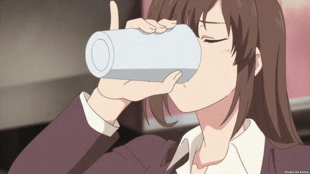 a girl is drinking from a white cup with the words omake girl anime written below her