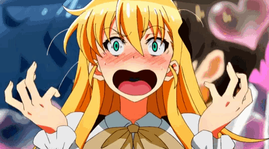 a girl with long blonde hair and green eyes is making a funny face
