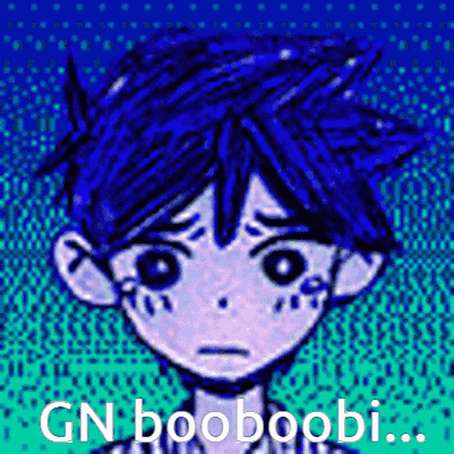 a drawing of a boy with blue hair and the words gn booboobi on the bottom